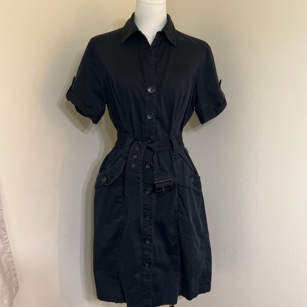 Black Cotton Blend Belted Safari Shirt Dress Short Sleeve Utility Size 12